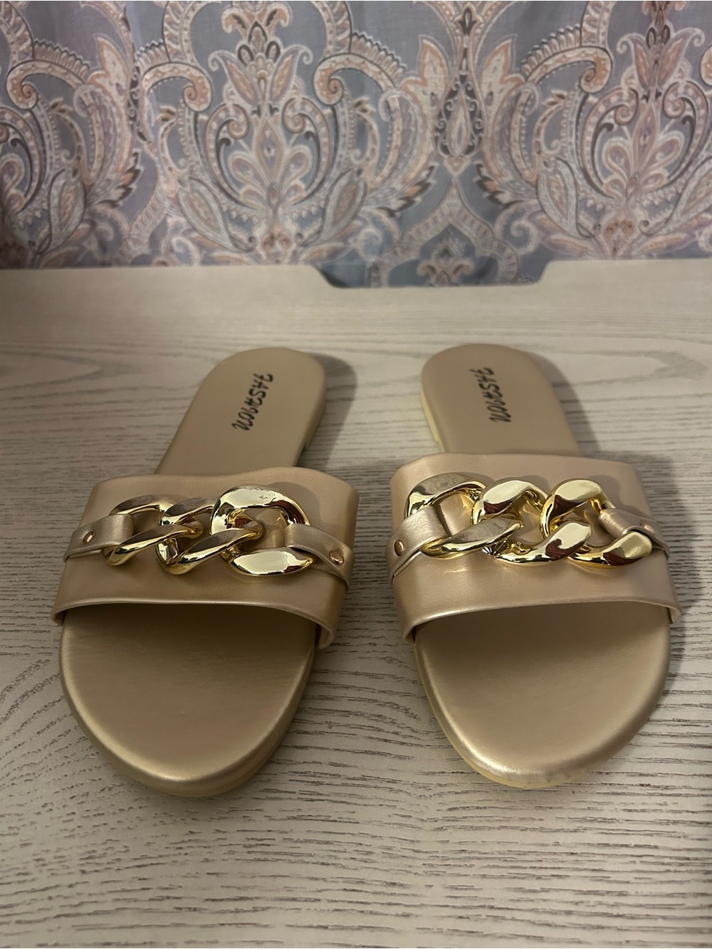 Chain-Embellished Gold Slide Sandals for Women - Unbranded